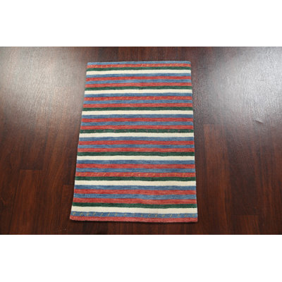 Tapis unique en laine noué à la main beige / rouge / bleu nouvel âge 2 pi 1 po x 3 pi
