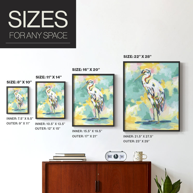 Bright Heron Fresco II, reproduction encadrée - bois massif, H 11 po x l 9 po, Noir, noir, noir, noir