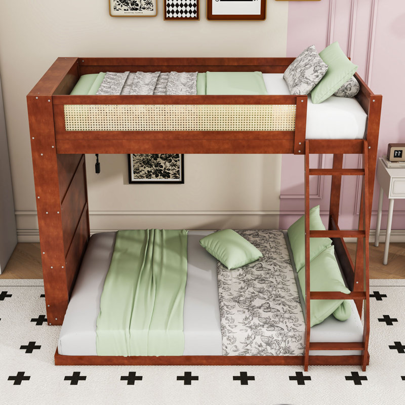 Lit superposé simple au dessus d'un lit double en bois avec tablettes et éclairage DEL, Espresso