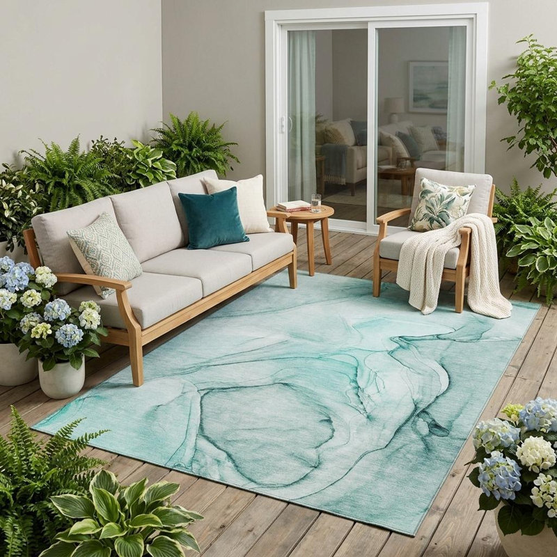 Tapis extérieur lavable antidérapant abstrait bleu sarcelle 5 pi x 8 pi