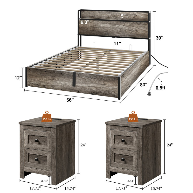 Tryston 3-pieces Rustic & Farmhouse Full Bedroom Set, Gray, Gray, Full / Double