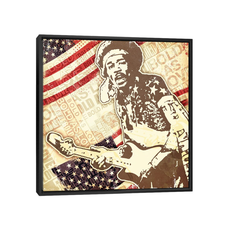 «Jimi Hendrix USA Bold as Love», reproduction d'impression, H 18 po x l 18 po x 1,5 po, Toile avec cadre noir, Aucun mat
