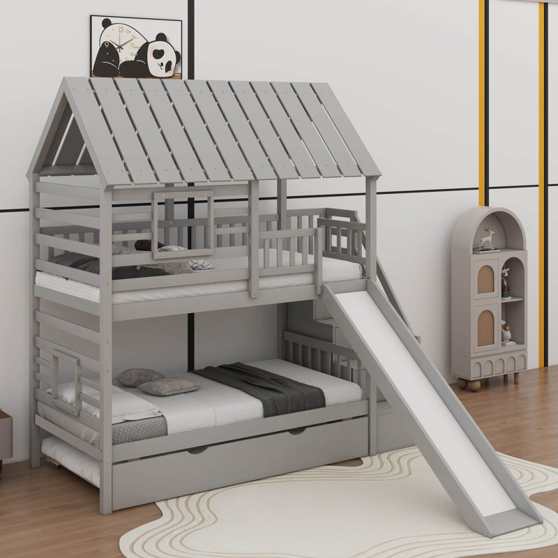 Twin Over Twin Bunk Bed With Trundle, Gray