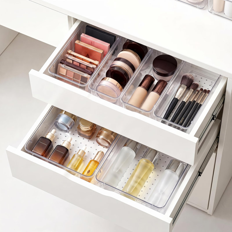 Clear Drawer Organizers Set of 13, 5-Size Vanity Organizer Trays, Stackable Bathroom & Desk Drawer Organizer for Makeup, Jewelry, Kitchen Utensils, Office Supplies and Small Gadgets Storage