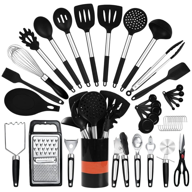 Ensemble d'ustensiles de cuisine en silicone 31 pièces, résistant à la chaleur antiadhésif, lavable au lave-vaisselle, sans Bpa, noir