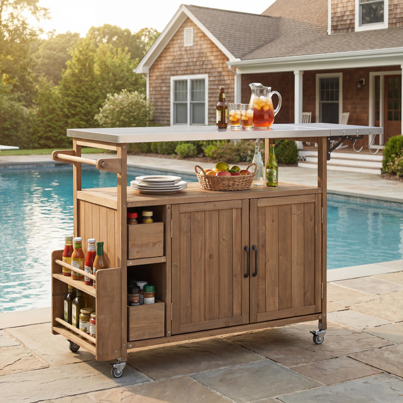 54.33" Outdoor Modern Farmhouse Solid Wood Rolling Kitchen Cart with Stainless Steel Top, Natural
