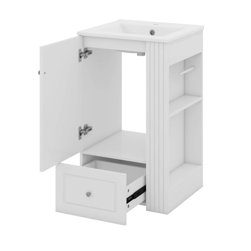 Meuble-lavabo de 20 po avec lavabo en céramique, tiroir et tablettes latérales ouvertes avec barre à serviettes en bois de pin