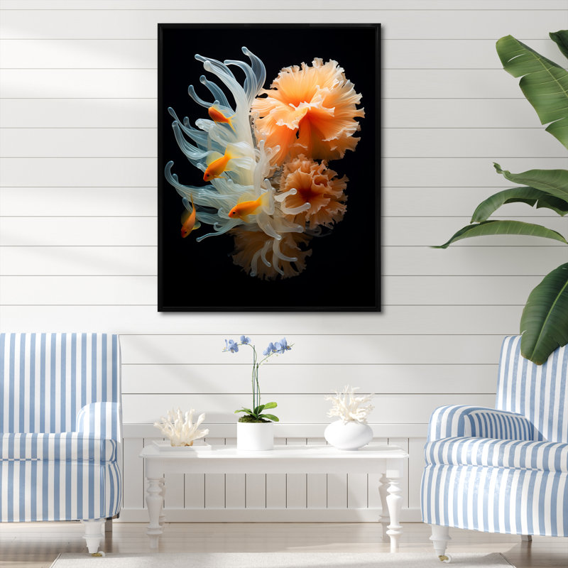 Underwater Vibrant Orange Coral - Reproduction d'art mural plage et océan, Cadre flottant noir, H 44 po x l 34 po x P 1,5 po