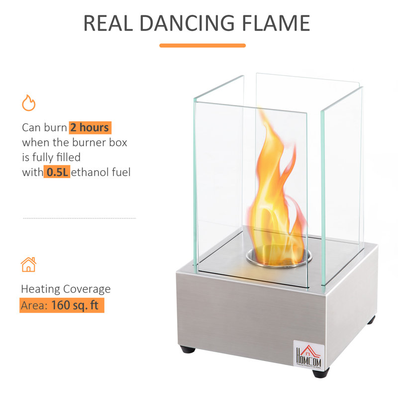 Ethanol Fireplace, 7.75" Tabletop 0.10 Gal Stainless Steel 160 Sq. Ft., Burns Up To 2 Hours, Silver
