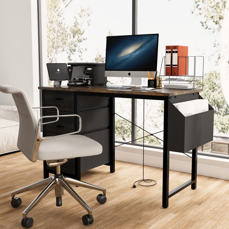 Bureau de 47,3 po avec prise de courant et 3 tiroirs pliables, poche latérale, prise d'ordinateur de style moderne