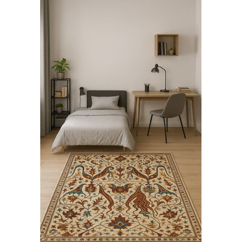 Tapis beige tissé à motif floral rétro Mosso, 3'3" x 4'11"