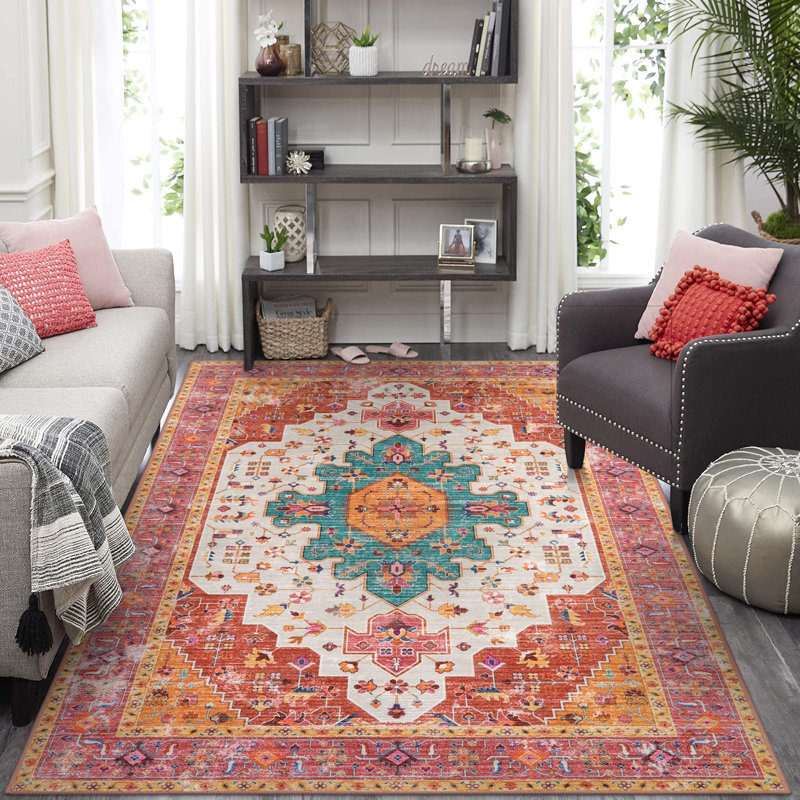 Govan Ultra-Thin Washable Vintage Area Rug Dining Room Rug for Bedroom, Non-Shed Living Room Mat, Indoor Oriental Medallion Hardwood Floor Carpet for Office Home Decor