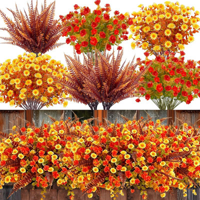 20 Bundles Artificial Fall Flowers for Outdoors, UV-Resistant Faux Mums & Eucalyptus, Autumn Fake Flowers for Porch, Garden, Planter, Patio & Thanksgiving Decor