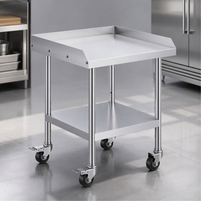 Table de travail en acier inoxydable, table de préparation commerciale de 24 x 24 x 30 pouces avec 4 roues, roulettes, table de travail robuste à 3 côtés avec dosseret, table de travail en métal pour restaurant Home Hotel