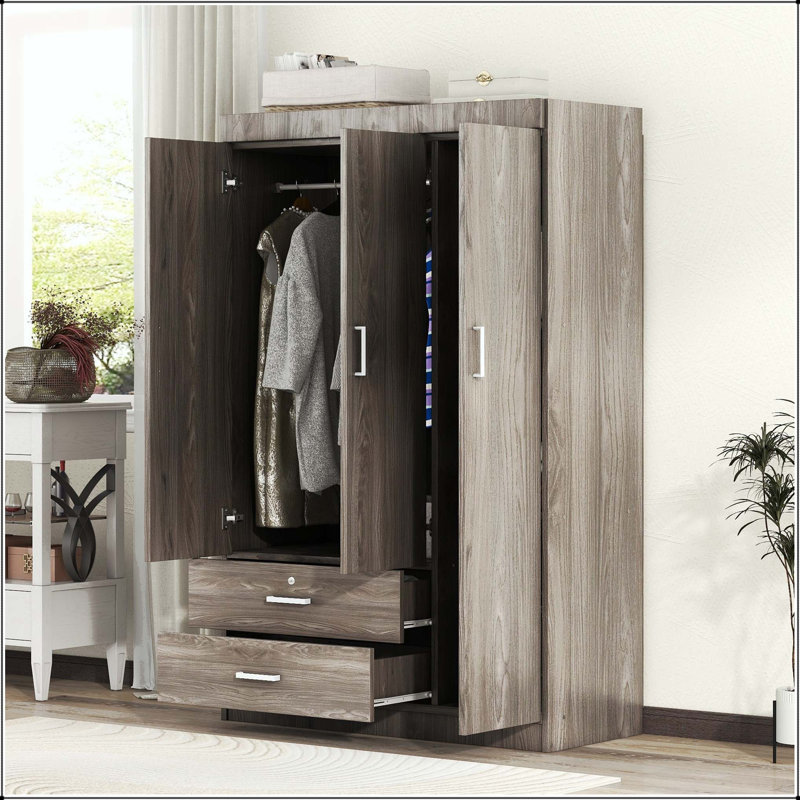 Armoire 3 portes avec 2 tiroirs et rail suspendu, Gray