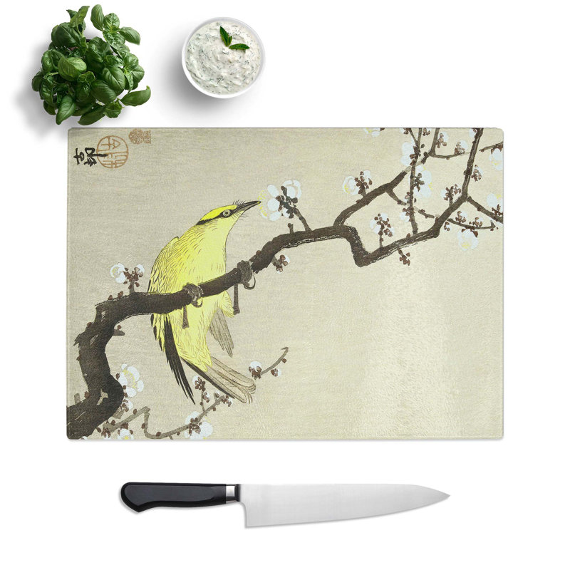 Tempered Glass Chinese Oriole Bird on a Plum Blossom Chopping Board, 39 cm W x 28.5 cm L
