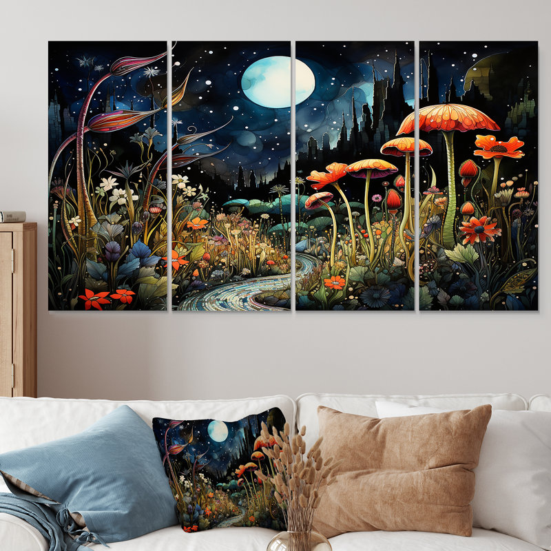«Fantasy Mushroom Daydream I - Abstract Landscape», ensemble de 4 décorations murales, H 28 po x l 48 po