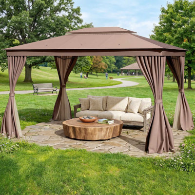 Weather Resistant UV Proof 10 X 13 Feet Double Roof Patio Gazebo With Breathable Mesh Netting And Removable Privacy Curtains For Backyard Deck Outdoor Gathering Use