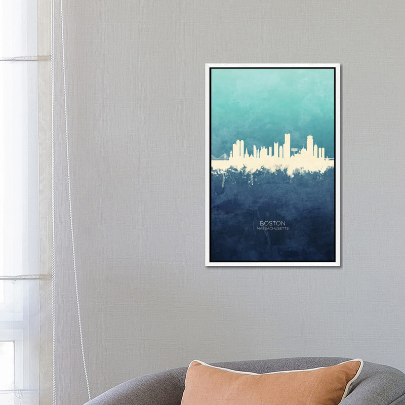 Boston Massachusetts Skyline by Michael Tompsett - Print on Canvas, White Floater Framed, 66.04cm H x 45.72cm W x 3.81cm D