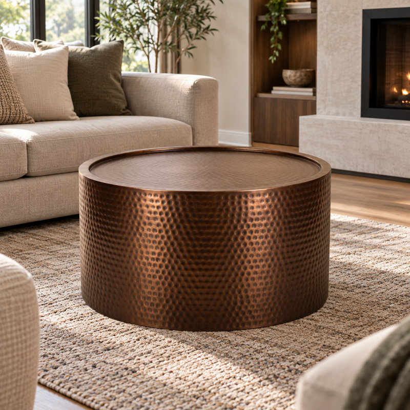 Table basse ronde avec finition cuivre et design en fer martelé, Cuivre