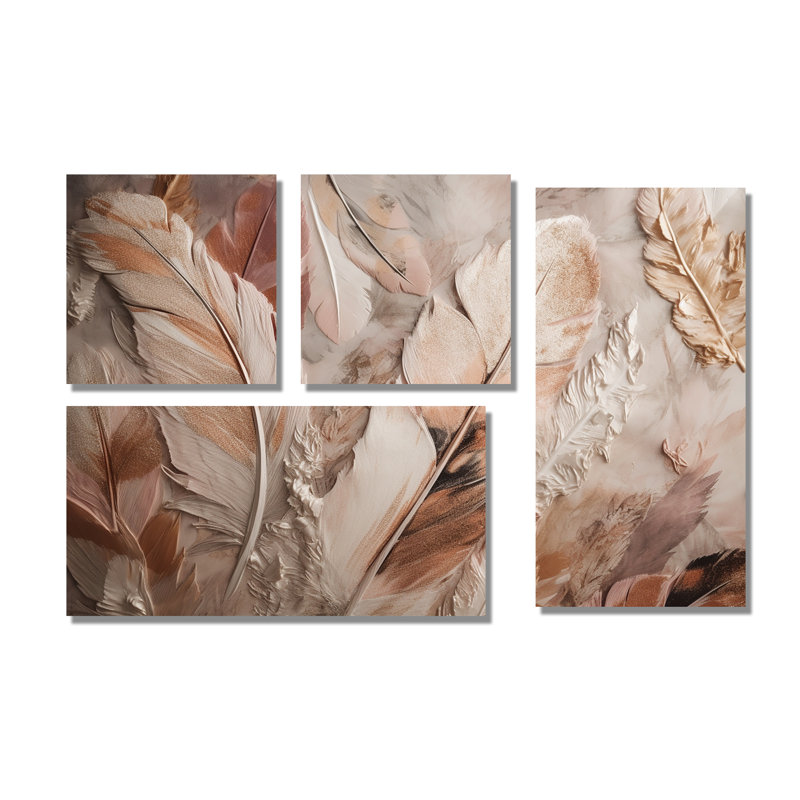 Plumes glamour dorées de Boho Fantasy V - art mural moderne sur toile doré 4 pièces, Toile tendue, Ne s’applique pas