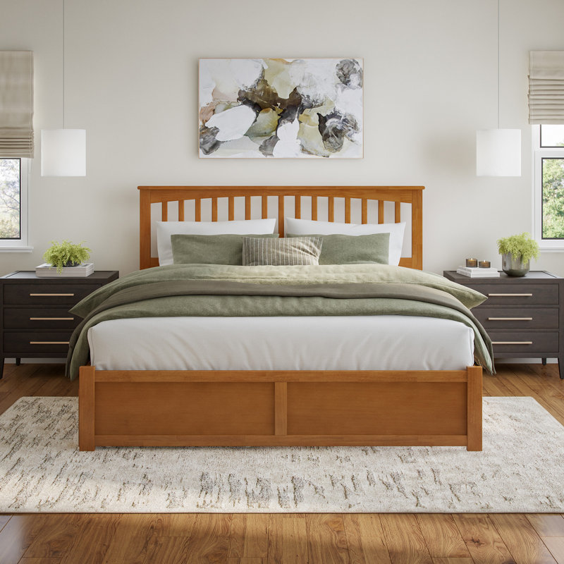Mission Solid Wood Platform Bed with Panel Footboard and Roll Out Trundle, King