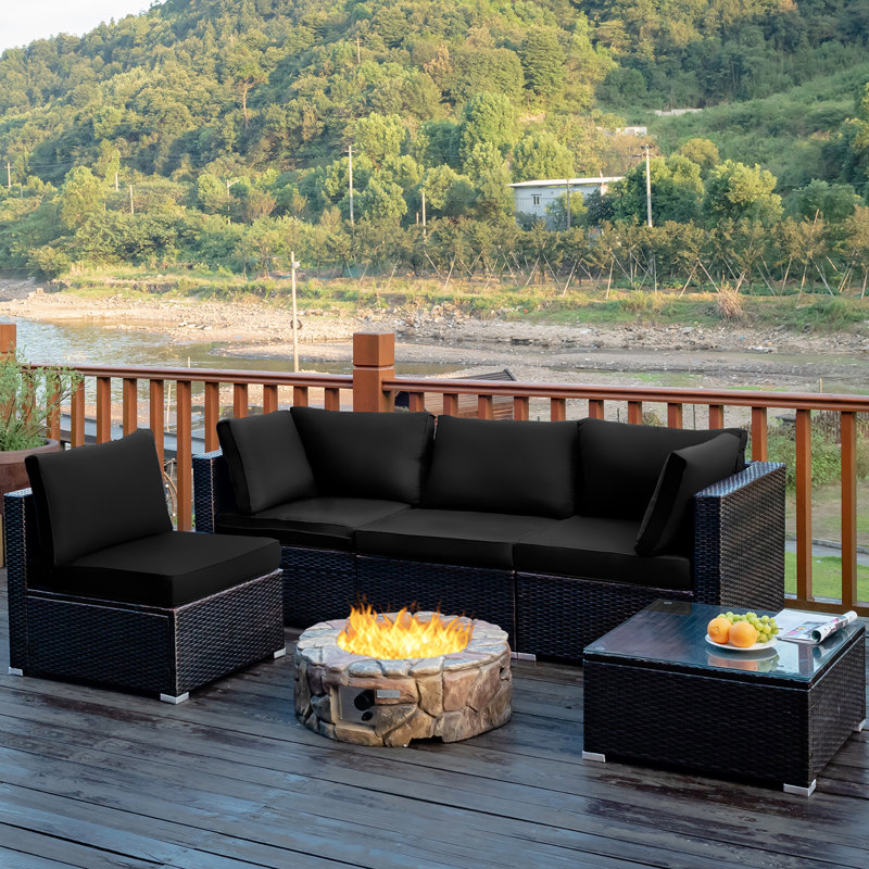 Rattan Sectional Seating Group with Cushions, Black