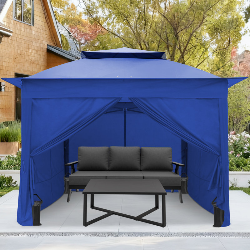 11x11 ft Patio Pop Up Canopy Gazebo with Side Walls, Outdoor Shelter Tent with Carry Bag and Weights, Blue