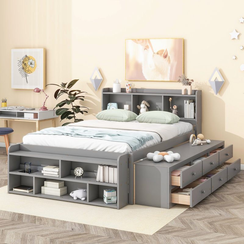 Lit double avec tête de lit bibliothèque, tiroirs de rangement sous le lit et étui de rangement, Gris