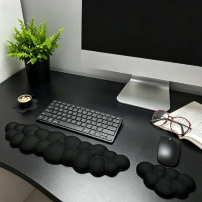 Cloud Keyboard Wrist Rest Set, Cloud Wrist Rest With Non-Slip Base, PU Leather Wrist Pad For Keyboard With Ergonomic Memory Foam For Computer Laptop Office Gaming And Pain Relief, Black