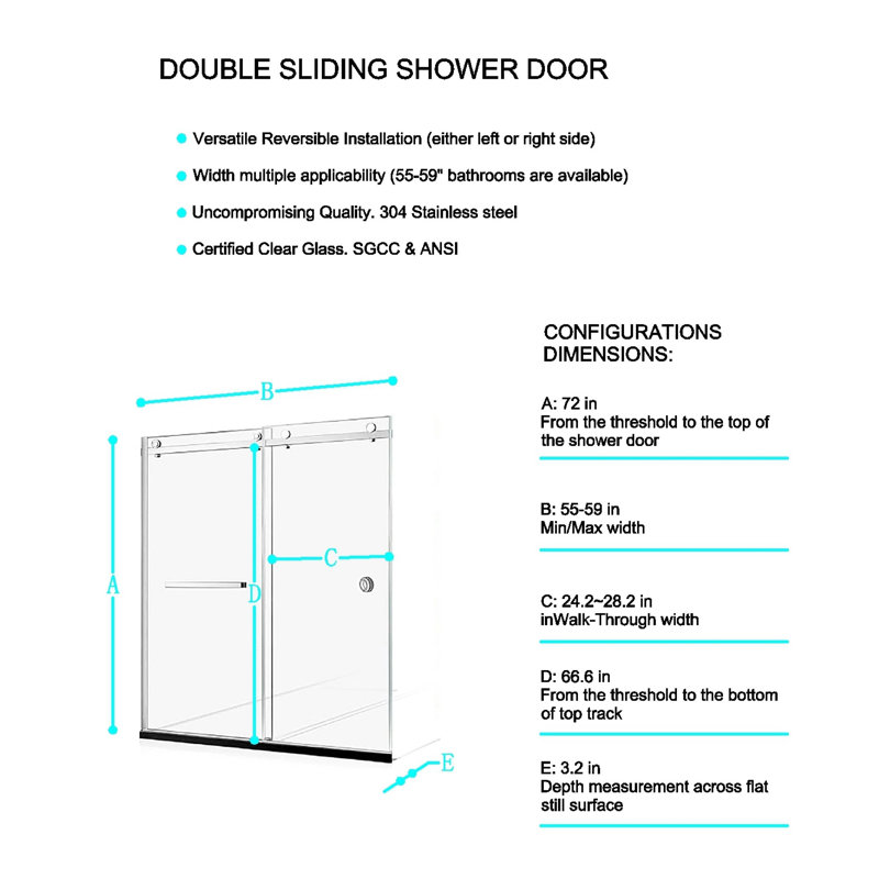 55-59"W X 72"H Frameless Double Sliding Shower Door, 304 Stainless Steel In Brushed Gold 5/16" (8Mm) Thick SGCC Tempered Clear Glass. Round Handle With NANO Easy Cleaning Coating.