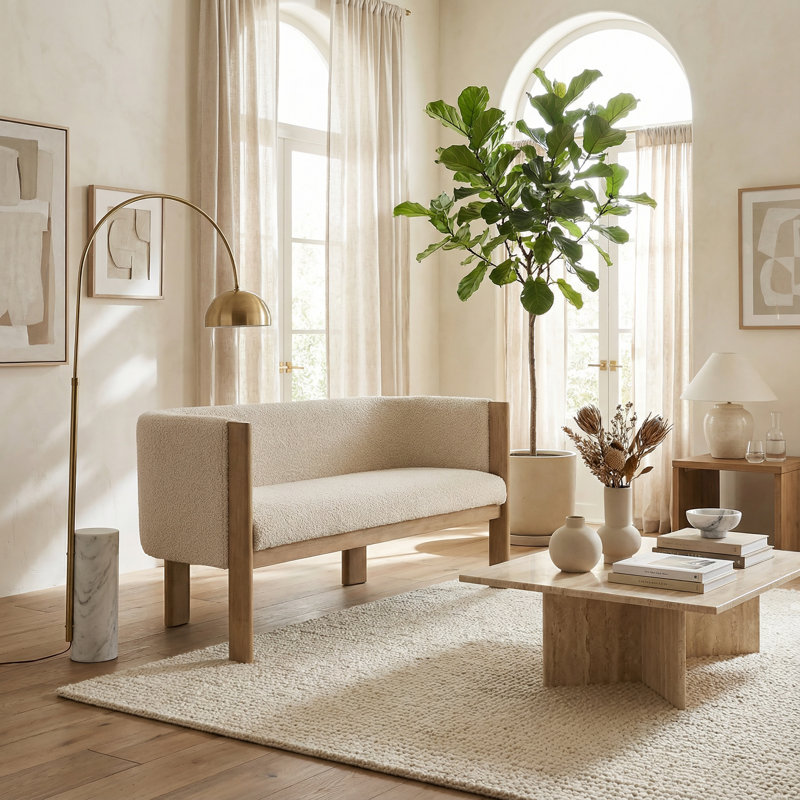 Kellan 48.5" Mid-Century Modern Upholstered Loveseat with Solid Rubberwood Frame and Track Arms
