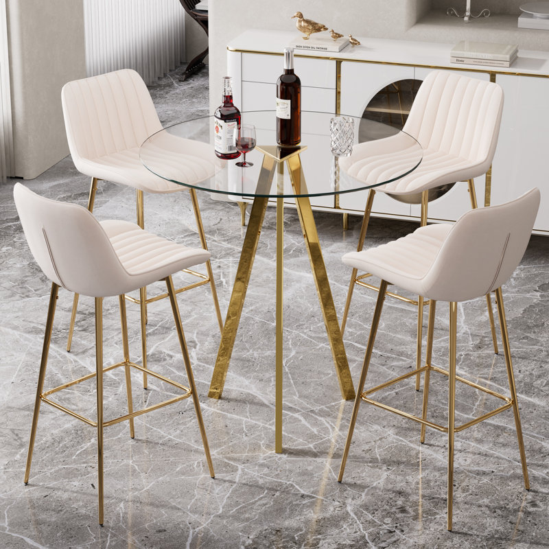 Ensemble de salle à manger 3 pièces avec tabouret de bar et tabouret de bar en velours (ensemble de 3), Crème