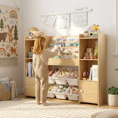 Organisateur de rangement pour jouets pour enfants, armoire multi-zones à grande capacité avec bibliothèque pour salle de classe, 6 bacs amovibles, 4 casiers, 2 portes et tablette supérieure