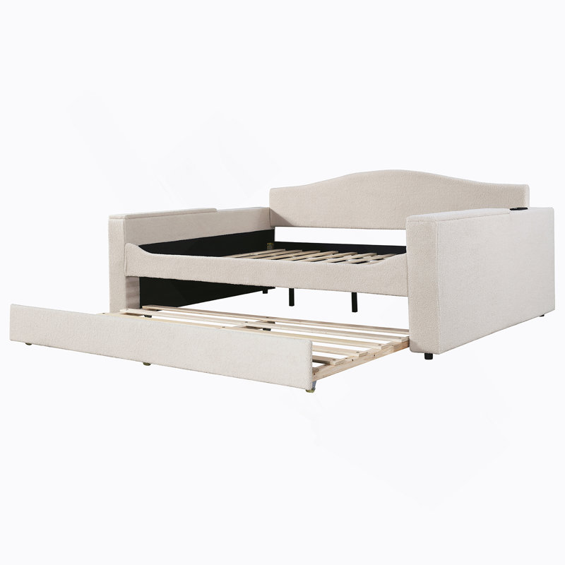 Lit de jour rembourré avec accoudoirs de rangement, lit gigogne et dernier système audio Bluetooth intégré, Beige, Double