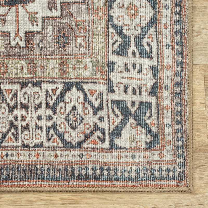 Washable Non-Slip Traditional Area Rug - Brown / Blue / Orange Rug for Entryway, Hallway, Bathroom, and Kitchen - Fairlin