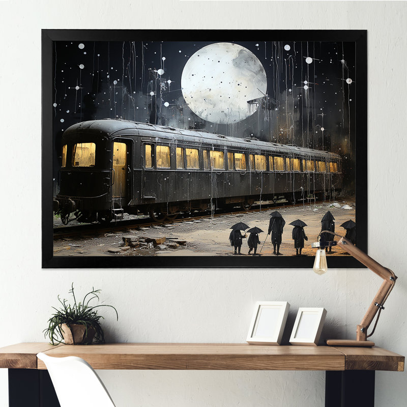 Black Union Train Station I - Train, art mural, Cadre d'angle fermé noir, H 34 po x l 44 po x P 1,5 po