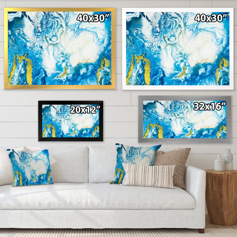 Bleu classique avec art liquide doré - reproduction sur toile, H 34 po x l 44 po, Toile avec cadre de coin noir fermé