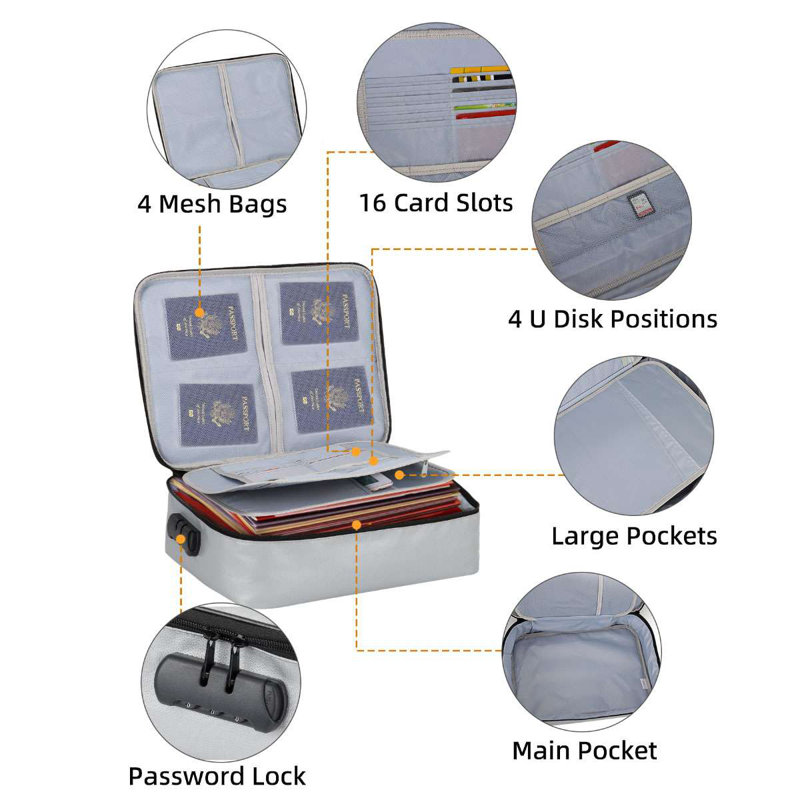 Fireproof Document Bag with Lock File Storage Organizer Bag Waterproof Safe Portable Pouch Bag, Black