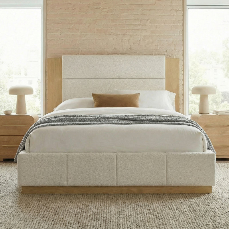 Base de lit tapissier grand format avec tête de lit en bois, Blanc