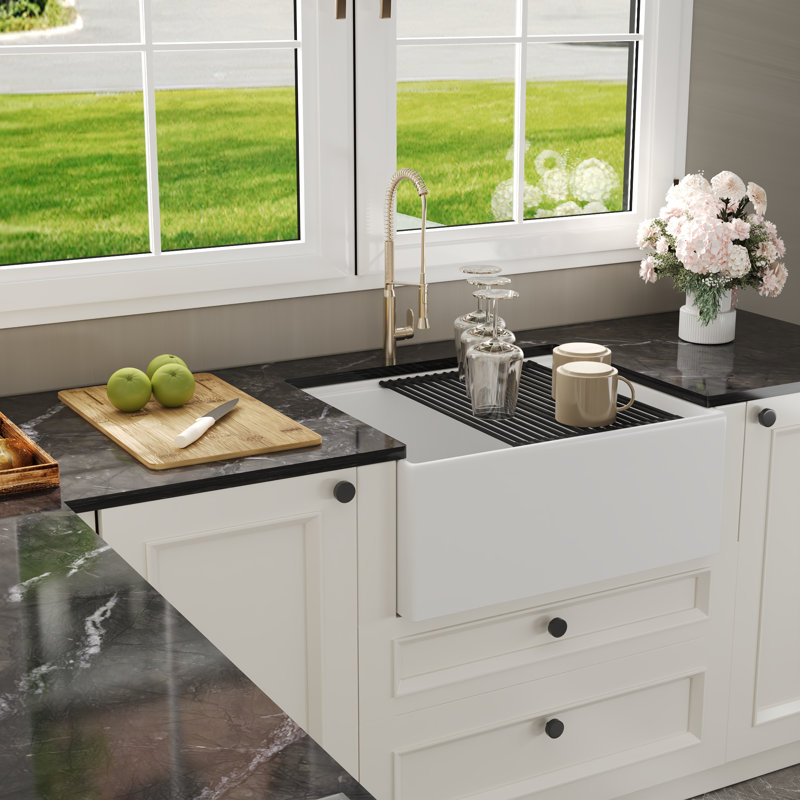 DeerValley 610 x 508 x 254mm Ceramic Single Bowl Farmhouse Kitchen Sink, Include Basket Strainer Cutting Board Grid Drying Rack, White