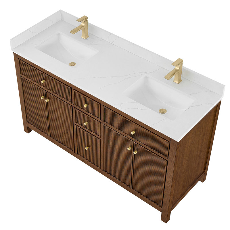 Elan TK 66" Freestanding Double Bathroom Vanity with Cultured Marble Top, White Cultured Marble, Brushed Gold, Dark Walnut