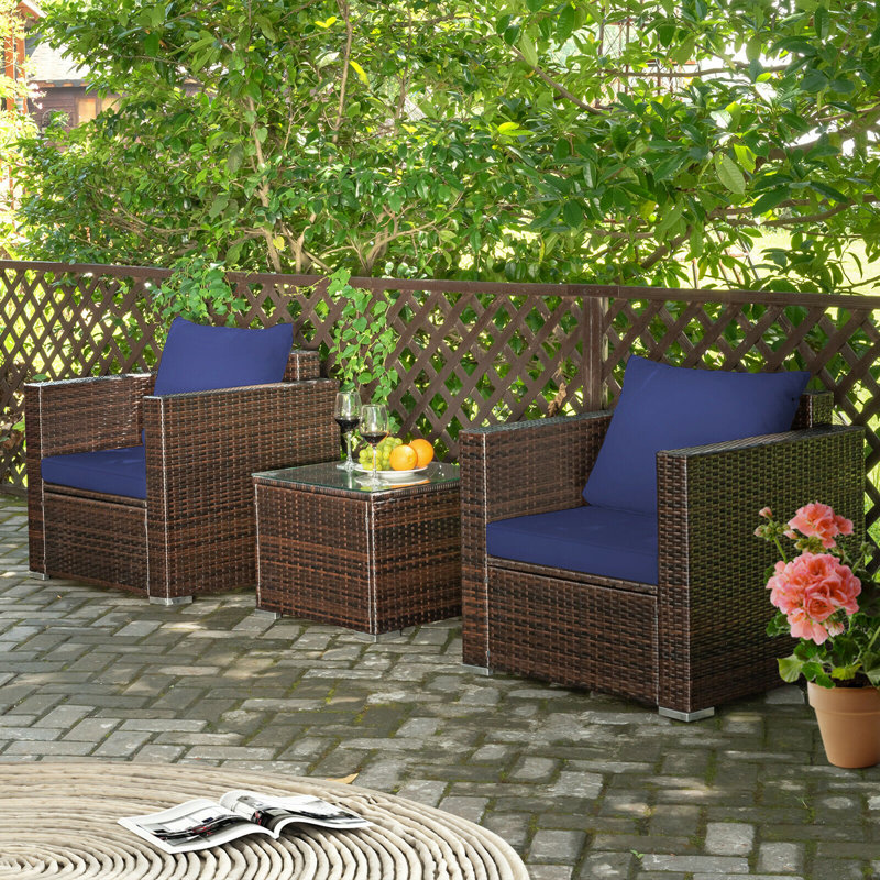 Alycen 2 - Person Patio Conversation Set with Cushions, Brown, Navy