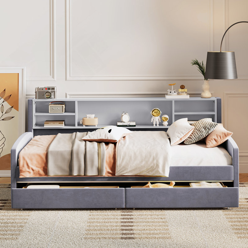 Lit plateforme tapissier avec tiroirs, Gris