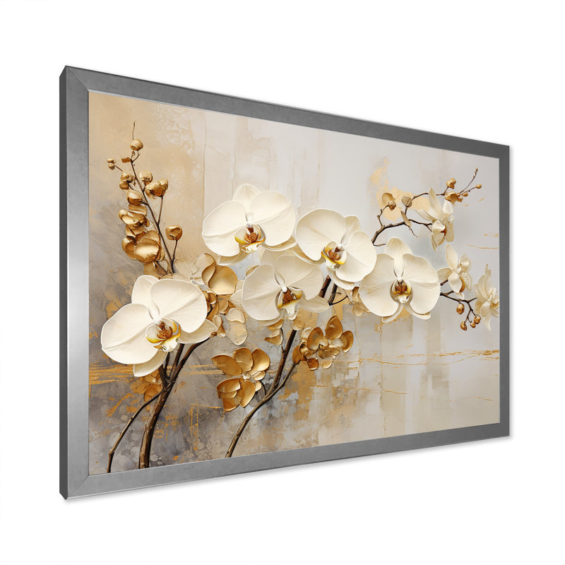 Minimalisme beige et orchidées dorées - impressions sur toile orchidées, H 12 po x l 20 po, Reproduction avec cadre flottant