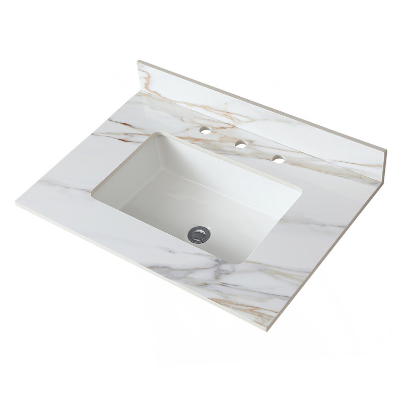 Comptoir de meuble-lavabo en marbre 31 po, comptoir de salle de bain avec lavabo central encastré rectangulaire et dosseret de 4 po de hauteur, comptoir pré-percé de 8 po à trou de robinet, blanc de Carrare avec veines