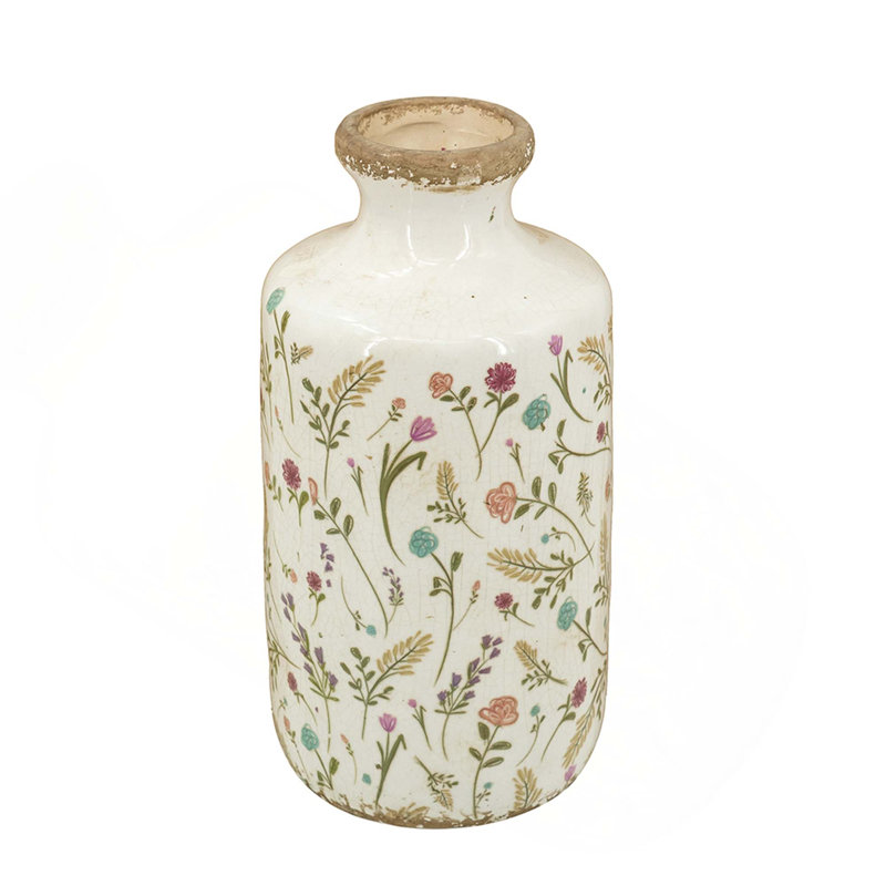 Ceramic Cylinder Vase With Multi-Colored Floral Motifs, 10.6" H x 5.3" W x 5.3" D