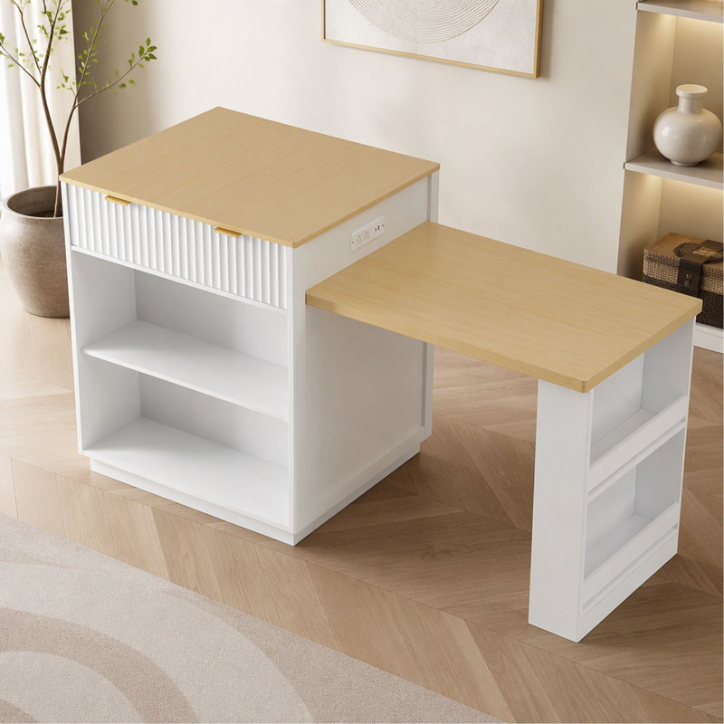 Îlot de cuisine cannelé K&K de 210 cm avec table à manger extensible pour 4 à 6 personnes, table d'îlot avec prise électrique, table de cuisine avec rangement double face, 2 tiroirs et 2 étagères latérales ouvertes.