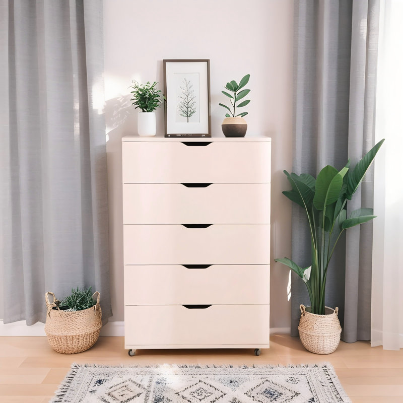 White 5-Drawer Dresser with Wheels, 29.5″ Wide, White