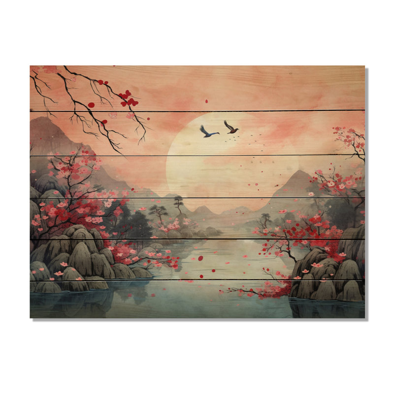 Paysage japonais du soleil levant IV sur bois, H 24 po x l 32 po x P 0,78 po